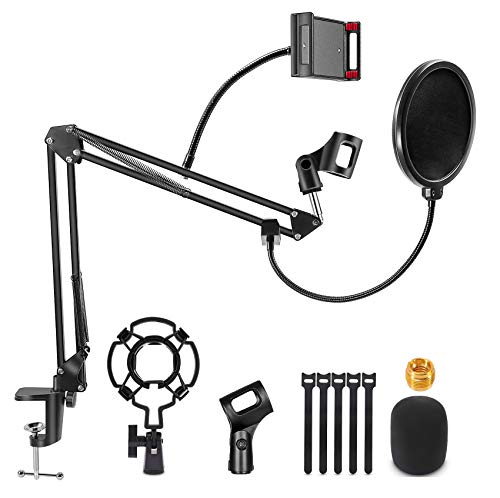 HEXIN Soporte para Micrófono con Araña,Filtro Anti-Pop, Clip de Micrófono et Adaptador,Brazo de Tijera Extensible para Blue Yeti y Otros Micrófonos (negro)