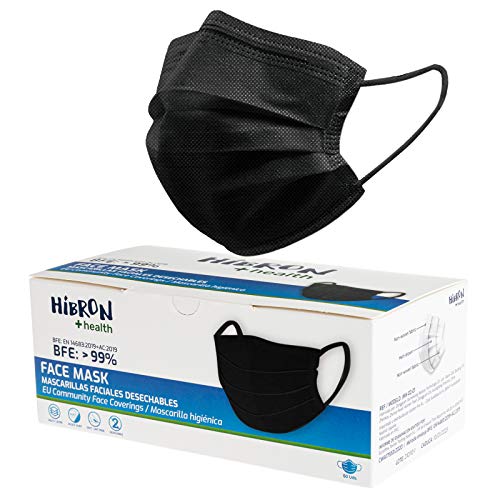 HIBRON 50 Mascarillas Negras Higiénicas Desechables Homologadas CWA 17553: 2020 , BFE > 99%