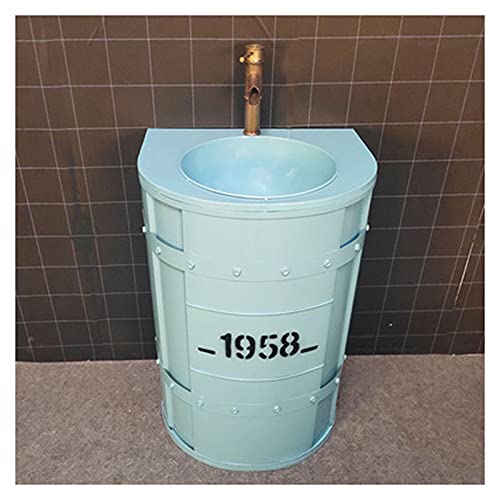 Hierro Forjado Lavabo De Pie 55×45×85cm, Fregadero De Pedestal Redondo Estilo Industrial, Lavamanos De Baño Móvil Creativo con Grifo Retro Y Tubo De Desagüe(Color:Azul sin Espejo)