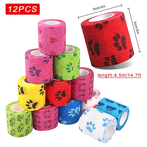 Hileyu 12 Piezas Vendaje Autoadhesivo para Mascotas Venda cohesiva de 5 cm x 4.5 m Vendas autoadhesiva para esguinces e hinchazón para Perros,Gatos Vendaje elástico para Mascotas Vet Wrap