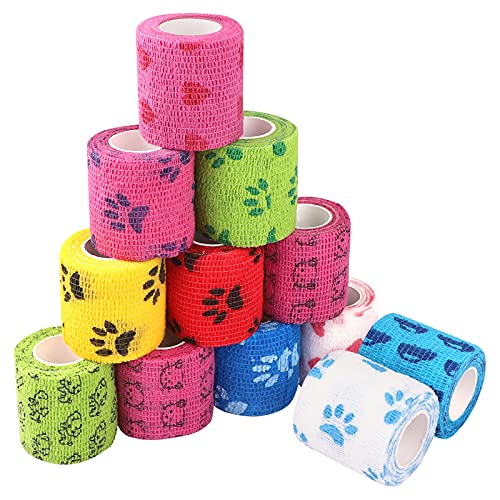 Hileyu 12 Piezas Vendaje Autoadhesivo para Mascotas Venda cohesiva de 5 cm x 4.5 m Vendas autoadhesiva para esguinces e hinchazón para Perros,Gatos Vendaje elástico para Mascotas Vet Wrap