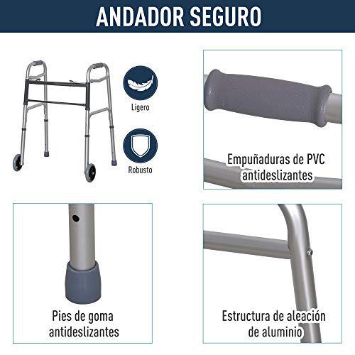 HOMCOM Andador para Ancianos Caminador Plegable con Altura Ajustable Almohadillas de Pies Marco de Aleación de Aluminio 64x50x77-95 cm Plata