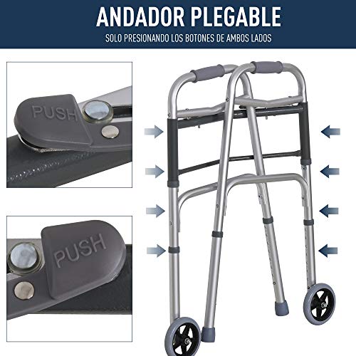 HOMCOM Andador para Ancianos Caminador Plegable con Altura Ajustable Almohadillas de Pies Marco de Aleación de Aluminio 64x50x77-95 cm Plata