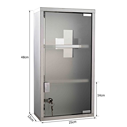 HOMCOM Armario de Medicinas Botiquín Gabinete de Primero Auxilios Acero INOX 3 Estantes Caja Colgante de Pared con Cerradura 25x12x48cm