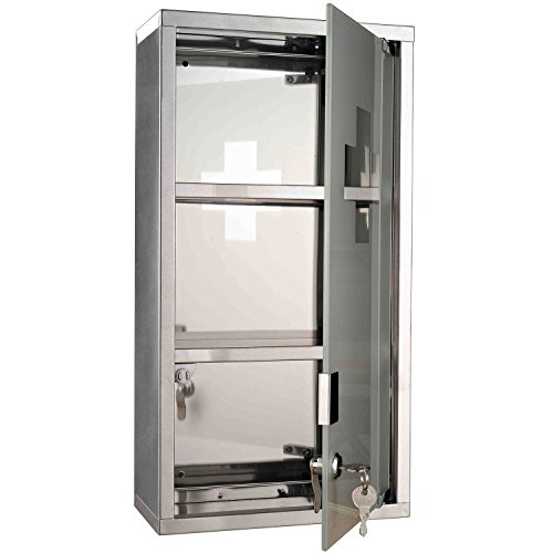 HOMCOM Armario de Medicinas Botiquín Gabinete de Primero Auxilios Acero INOX 3 Estantes Caja Colgante de Pared con Cerradura 25x12x48cm