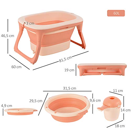 HOMCOM Bañera para Bebé Plegable y Portátil con Recipiente de Champú Palangana y Taburete Set de 4 Piezas de Ducha para 0-3 Años 81,5x60x46,5 cm Rosa