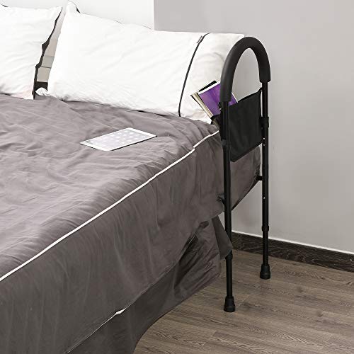 HOMCOM Barandilla Asidera de Cama para Acostarse y Levantarse con Altura Regulable Riel para Cama con Correa de Hebilla y Bolsillo 72x36x86-110,5 cm Negro