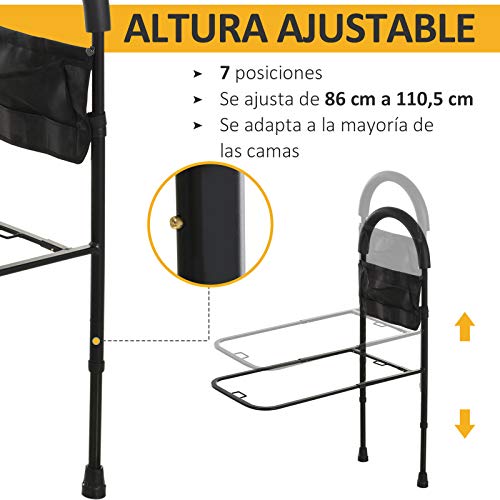 HOMCOM Barandilla Asidera de Cama para Acostarse y Levantarse con Altura Regulable Riel para Cama con Correa de Hebilla y Bolsillo 72x36x86-110,5 cm Negro