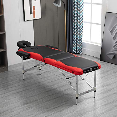 HOMCOM Camilla de Masaje Plegable y Portátil 215x60x61-84cm Mesa Ajustable en Altura con Reposacabezas y Apoyabrazos para Tatuaje Fisioterapia Negro y Rojo