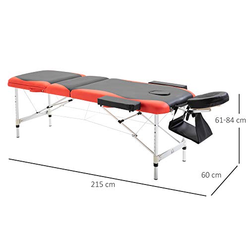 HOMCOM Camilla de Masaje Plegable y Portátil 215x60x61-84cm Mesa Ajustable en Altura con Reposacabezas y Apoyabrazos para Tatuaje Fisioterapia Negro y Rojo