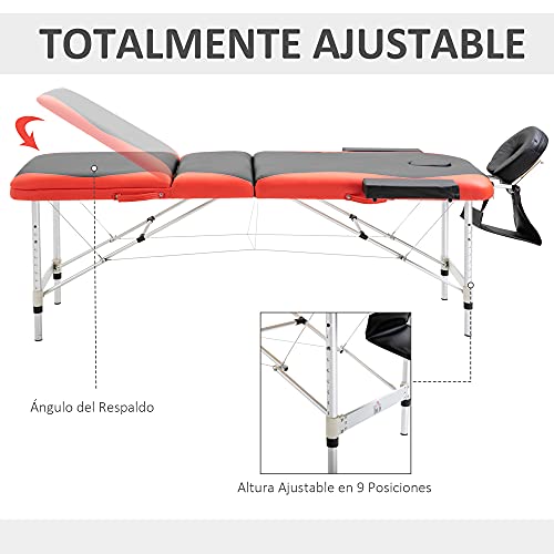 HOMCOM Camilla de Masaje Plegable y Portátil 215x60x61-84cm Mesa Ajustable en Altura con Reposacabezas y Apoyabrazos para Tatuaje Fisioterapia Negro y Rojo