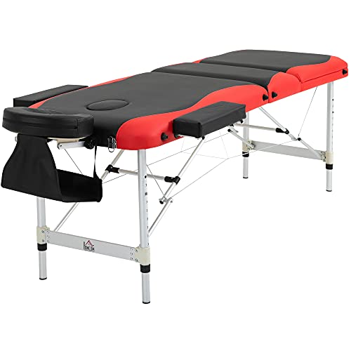 HOMCOM Camilla de Masaje Plegable y Portátil 215x60x61-84cm Mesa Ajustable en Altura con Reposacabezas y Apoyabrazos para Tatuaje Fisioterapia Negro y Rojo