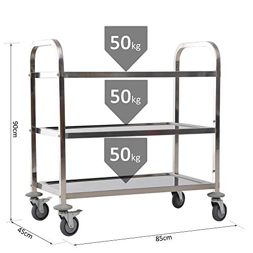 HOMCOM Carro de Cocina Multiusos Carrito Auxiliar con Ruedas Estantería Isla de Cocina 3 Niveles Carga 50kg Acero Inoxidable