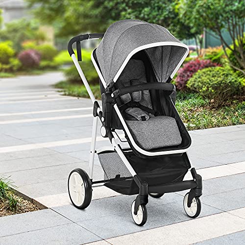 HOMCOM Cochecito de Bebé 2 en 1 Silla de Paseo y Capazo para Niños de 0-36 Meses con Capota Plegable Respaldo Reclinable Cesta Grande Palanca de Freno Carga 15kg 80x51x102 cm Gris