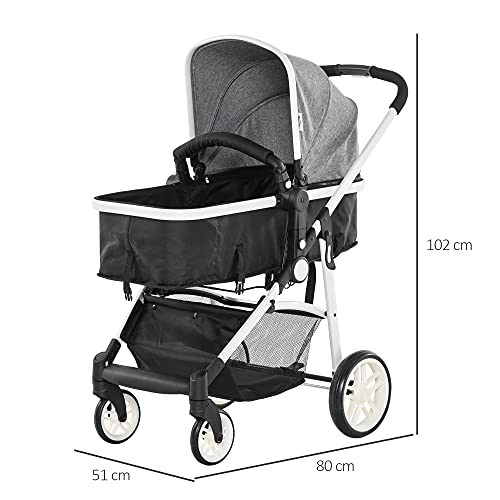 HOMCOM Cochecito de Bebé 2 en 1 Silla de Paseo y Capazo para Niños de 0-36 Meses con Capota Plegable Respaldo Reclinable Cesta Grande Palanca de Freno Carga 15kg 80x51x102 cm Gris