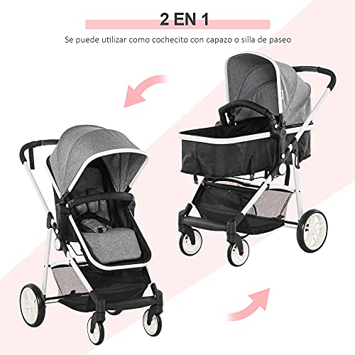 HOMCOM Cochecito de Bebé 2 en 1 Silla de Paseo y Capazo para Niños de 0-36 Meses con Capota Plegable Respaldo Reclinable Cesta Grande Palanca de Freno Carga 15kg 80x51x102 cm Gris