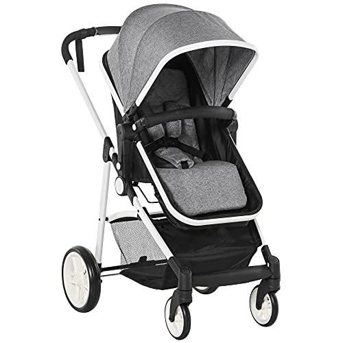 HOMCOM Cochecito de Bebé 2 en 1 Silla de Paseo y Capazo para Niños de 0-36 Meses con Capota Plegable Respaldo Reclinable Cesta Grande Palanca de Freno Carga 15kg 80x51x102 cm Gris