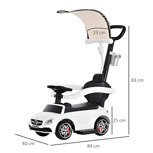 HOMCOM Correpasillo para Niños Mayores de 1 Año Cochecito Automóvil Diseño 3 en 1 Empujador Andador Función de Bocina con Capota Reposapiés Portavasos 84x40x83 cm Blanco