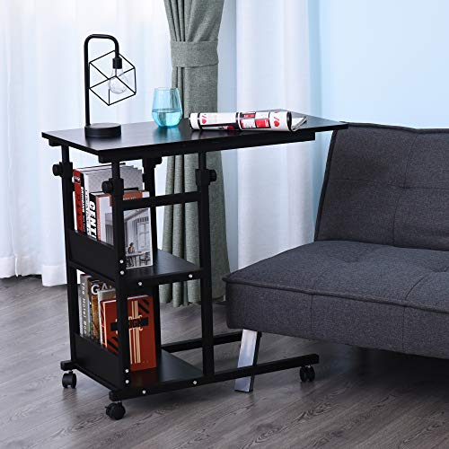 HOMCOM Mesa Auxiliar de Sofá Mesa Lateral en Forma de C con 4 Ruedas Giratorias Frenos Altura Ajustable 3 Niveles Marco Metal 80x40x72-82 cm Negro