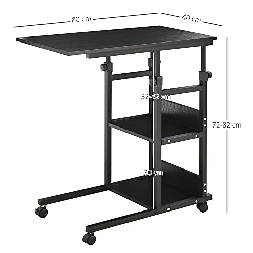 HOMCOM Mesa Auxiliar de Sofá Mesa Lateral en Forma de C con 4 Ruedas Giratorias Frenos Altura Ajustable 3 Niveles Marco Metal 80x40x72-82 cm Negro