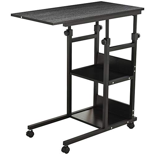 HOMCOM Mesa Auxiliar de Sofá Mesa Lateral en Forma de C con 4 Ruedas Giratorias Frenos Altura Ajustable 3 Niveles Marco Metal 80x40x72-82 cm Negro