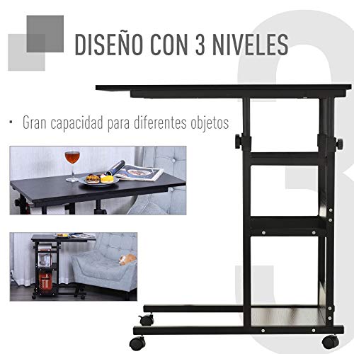 HOMCOM Mesa Auxiliar de Sofá Mesa Lateral en Forma de C con 4 Ruedas Giratorias Frenos Altura Ajustable 3 Niveles Marco Metal 80x40x72-82 cm Negro