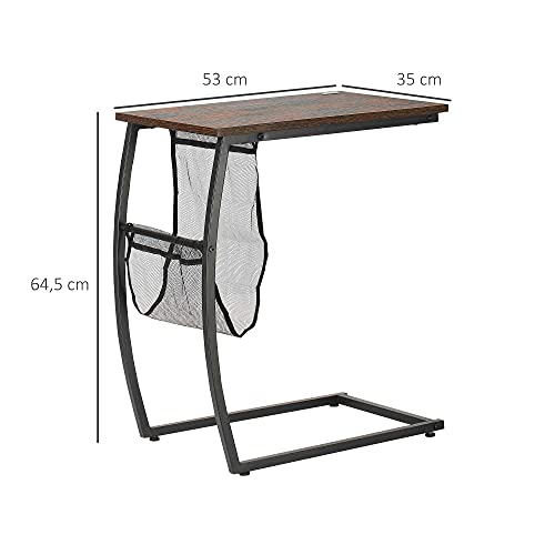 HOMCOM Mesa Auxiliar para Sofá y Cama en Forma de C con Bolsillo de Almacenaje Mesa Lateral de Estilo Industrial para Salón 53x35x64,5 cm Marrón Rústico