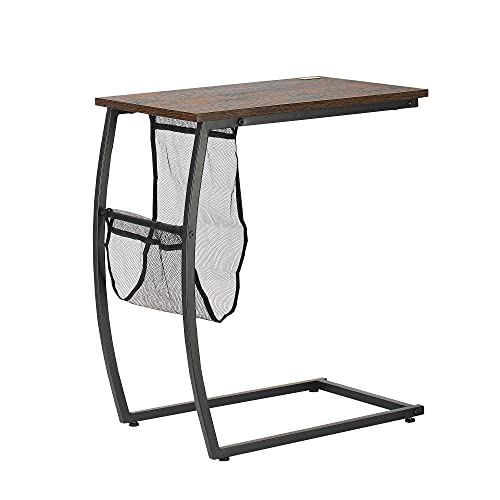 HOMCOM Mesa Auxiliar para Sofá y Cama en Forma de C con Bolsillo de Almacenaje Mesa Lateral de Estilo Industrial para Salón 53x35x64,5 cm Marrón Rústico