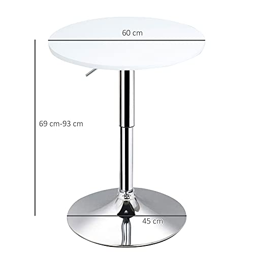 HOMCOM Mesa de Bar Regulable en Altura con Base Redonda y Antideslizante para Cocina Comedor Ø60x69-93 cm Blanco