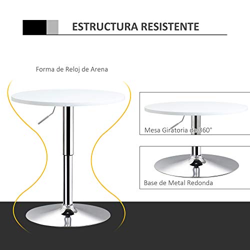 HOMCOM Mesa de Bar Regulable en Altura con Base Redonda y Antideslizante para Cocina Comedor Ø60x69-93 cm Blanco