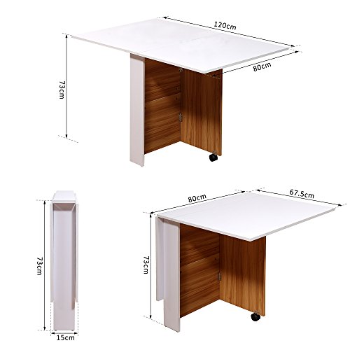 HOMCOM Mesa de Comedor Plegable con Ruedas Estante Multifuncional para Comedor Salón 3 Formas Mesa Auxiliar Mesa Auxiliar Blanco y Madera