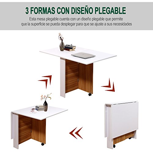 HOMCOM Mesa de Comedor Plegable con Ruedas Estante Multifuncional para Comedor Salón 3 Formas Mesa Auxiliar Mesa Auxiliar Blanco y Madera