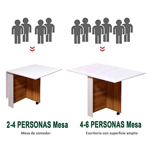 HOMCOM Mesa de Comedor Plegable con Ruedas Estante Multifuncional para Comedor Salón 3 Formas Mesa Auxiliar Mesa Auxiliar Blanco y Madera