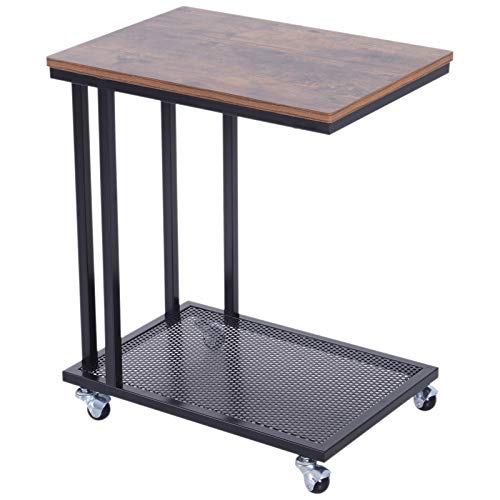 HOMCOM Mesa Lateral Mesa Auxiliar con Ruedas para Sofá Salón Dormitorio Estilo Industrial Retro Mesa Café Ordenador Metal y Madera 51x36x65 cm