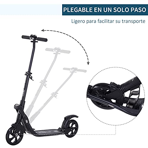 HOMCOM Patinete Plegable para Adultos y Niños +14 años Scooter con Manillar Altura Ajustable Tipo Monopatín con Freno Grandes Ruedas Carga 100kg 93,5x38x95-105cm Negro