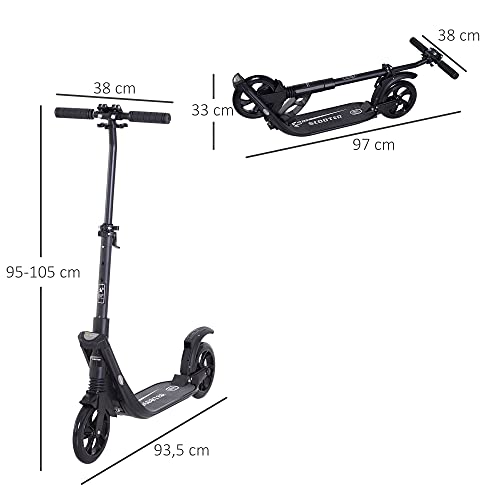 HOMCOM Patinete Plegable para Adultos y Niños +14 años Scooter con Manillar Altura Ajustable Tipo Monopatín con Freno Grandes Ruedas Carga 100kg 93,5x38x95-105cm Negro