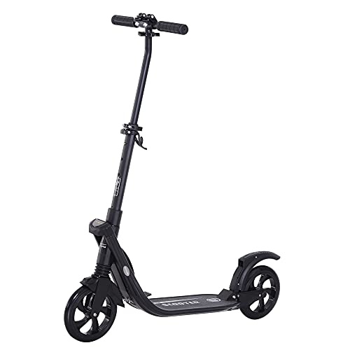 HOMCOM Patinete Plegable para Adultos y Niños +14 años Scooter con Manillar Altura Ajustable Tipo Monopatín con Freno Grandes Ruedas Carga 100kg 93,5x38x95-105cm Negro