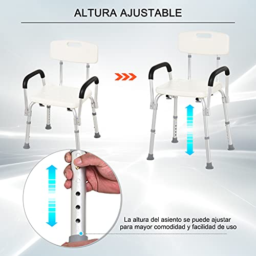 HOMCOM Silla de Ducha Altura Regulable con Respaldo y Apoyabrazos aguanta hasta 135 Kg