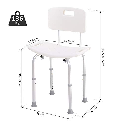 HOMCOM Silla ducha aluminio ayuda baño taburete banqueta regulable ajustable wc asiento