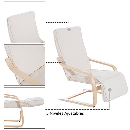 HOMCOM Sillón de Relax Silla de Relax Madera de Abedul Reposapiernas a 5 Niveles 66.5x81x100cm 2 Colores (Beige)