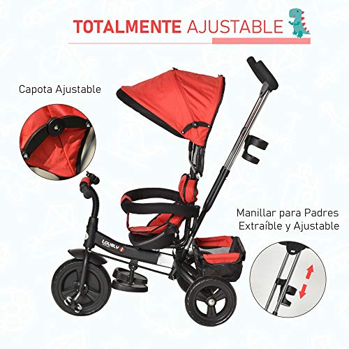 HOMCOM Triciclo para Bebé 4 en 1 Bicicleta para +18 Meses con Capota Manija de Empuje Ajustable Barra Extraíble Reposapiés Plegable Canasta de Almacenaje 92x51x110 cm Rojo