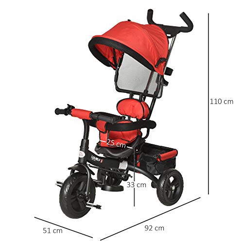 HOMCOM Triciclo para Bebé 4 en 1 Bicicleta para +18 Meses con Capota Manija de Empuje Ajustable Barra Extraíble Reposapiés Plegable Canasta de Almacenaje 92x51x110 cm Rojo