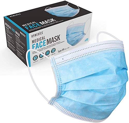 Homedics Mascarillas Médicas Desechables – Pack 50 unidades - 3 Capas Transpirables con Elástico para Los Oídos – Mascarillas IIR homologadas CE