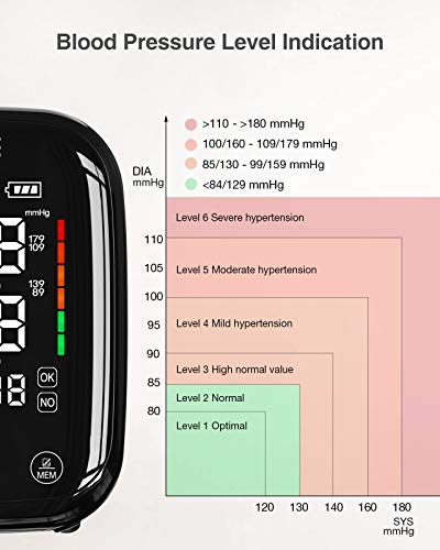 HOMIEE Tensiómetro de Brazo, Monitor de la presión Arterial con Gran Pantalla LED, Deteccion de Irregular Arritmia, Pantalla táctil, 2x90 Memoria y Recargable USB, Brazalete 22-42 cm