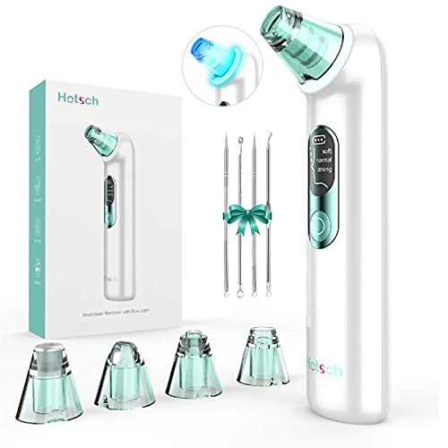 Hotsch Limpiador de Poros con Luz azul Succionador de Puntos Negros Blackhead remover Limpiador Facial Electrónico Recargable con Pantalla LED 4 Cabezales y 3 Modos para Espinillas y Acné