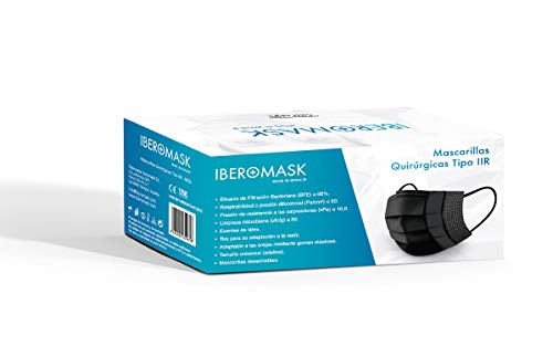 IBEROMASK Mascarilla Quirúrgica Tipo IIR. Made in Spain. Homologadas. BFE ? 98% Caja 50 Unidades (Negro)