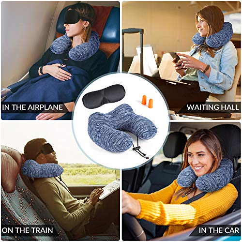 iCOOLIO Almohada cervical hinchable para coche, tren y avión, almohada un viaje agradable, cojín de viaje, antifaz los ojos, tapones oídos con bolsa transporte, accesorios viajes