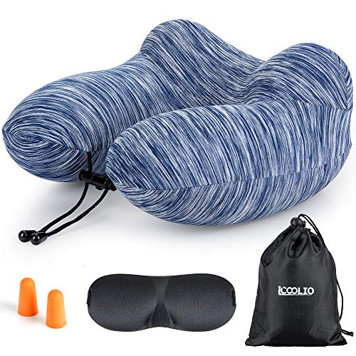 iCOOLIO Almohada cervical hinchable para coche, tren y avión, almohada un viaje agradable, cojín de viaje, antifaz los ojos, tapones oídos con bolsa transporte, accesorios viajes