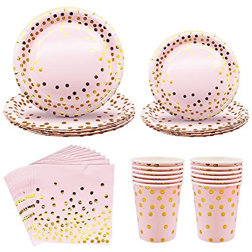 INHEMING 40 Piezas Vajilla Desechable Fiesta Oro Rosa,Incluye Platos de Papel Tazas Servilletas Pajitas para Bodas, Aniversario, Cumpleaños Baby Shower (10 Invitados)