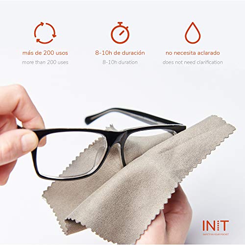 INIT - Pack 2 Gamuza Antivaho para Gafas con 200 usos - Limpia Gafas Anti Vaho Ideales para Personas Que Llevan Gafas con mascarilla - Toallita de Microfibras - Paño Antivaho sin Necesidad de liquidos